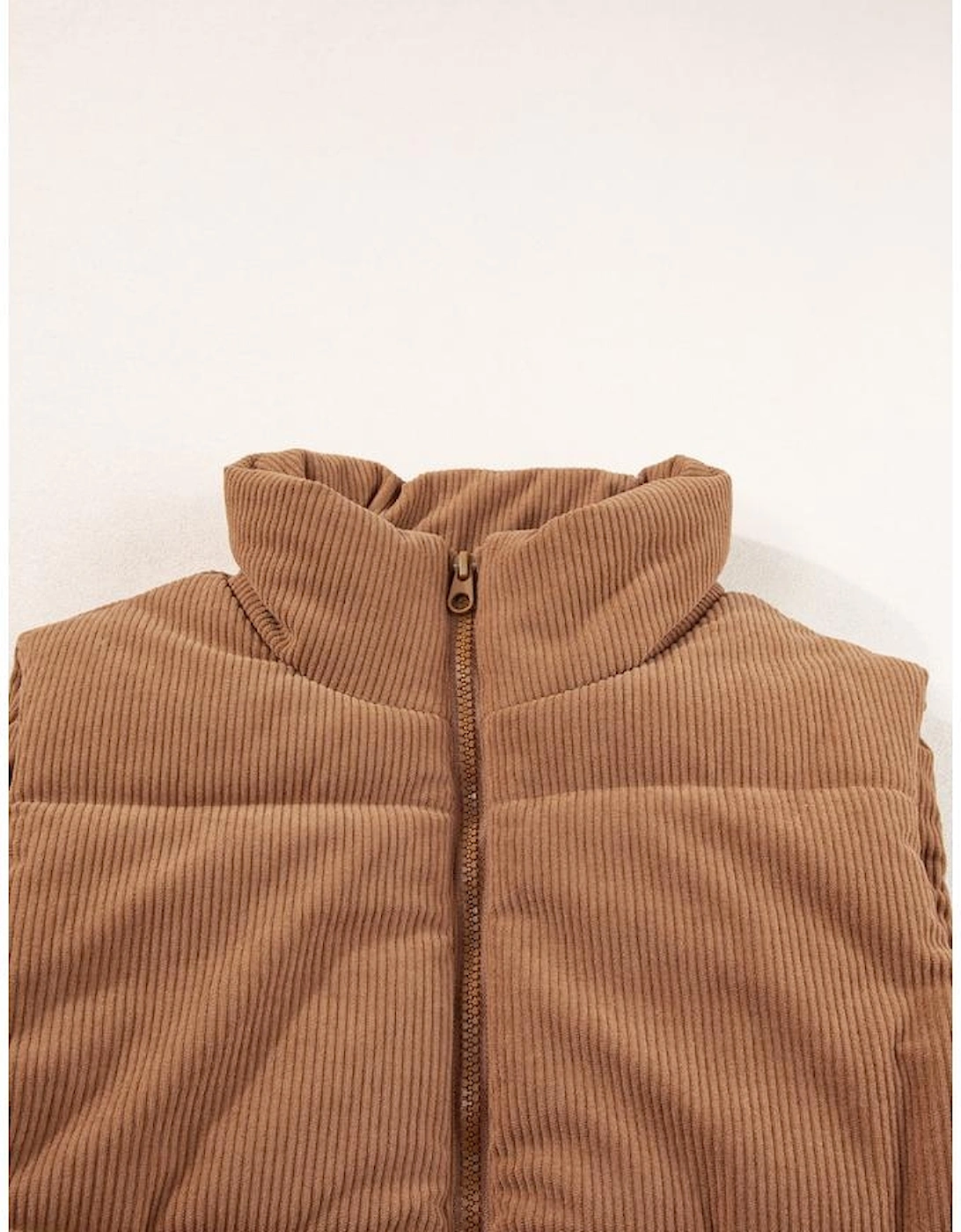 Coffee Corduroy Stand Neck Zipped Puffer Vest