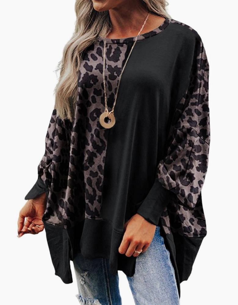 Black Leopard Patchwork Bishop Sleeve Slit Sweatshirt