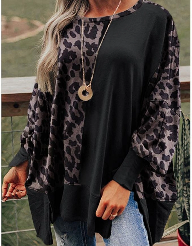 Black Leopard Patchwork Bishop Sleeve Slit Sweatshirt