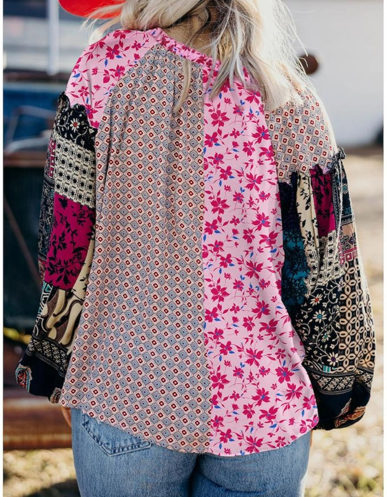 Pink Boho Mixed Floral Drop Shoulder Bubble Sleeve Blouse