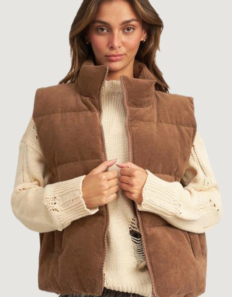 Coffee Corduroy Stand Neck Zipped Puffer Vest