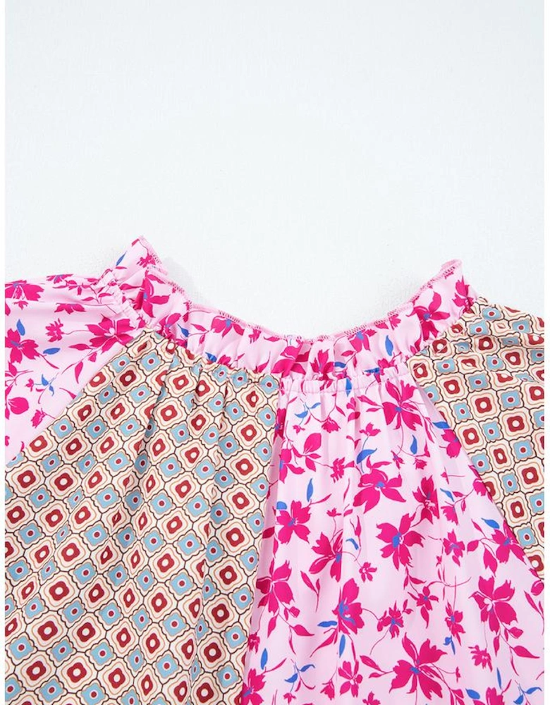Pink Boho Mixed Floral Drop Shoulder Bubble Sleeve Blouse