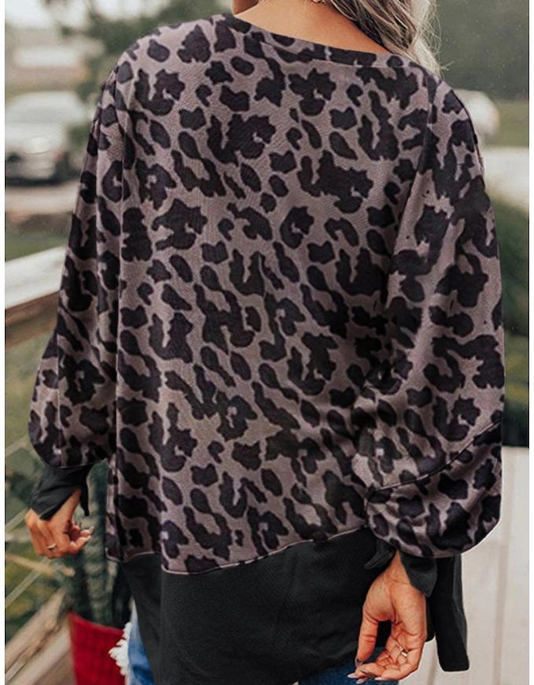 Black Leopard Patchwork Bishop Sleeve Slit Sweatshirt