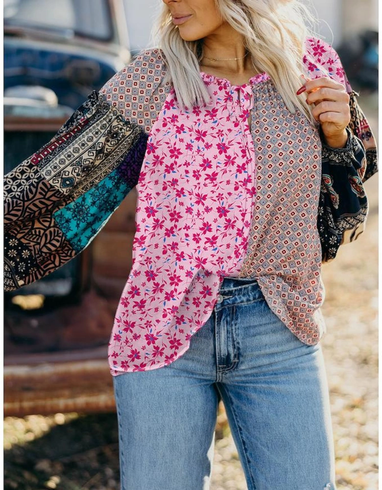 Pink Boho Mixed Floral Drop Shoulder Bubble Sleeve Blouse
