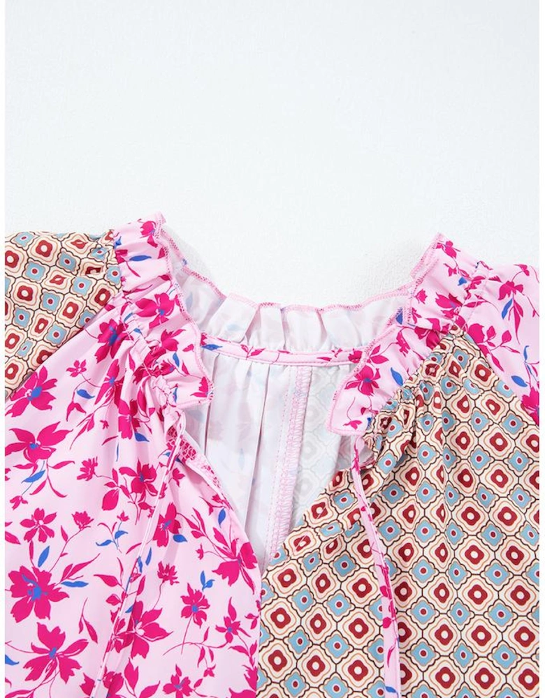 Pink Boho Mixed Floral Drop Shoulder Bubble Sleeve Blouse