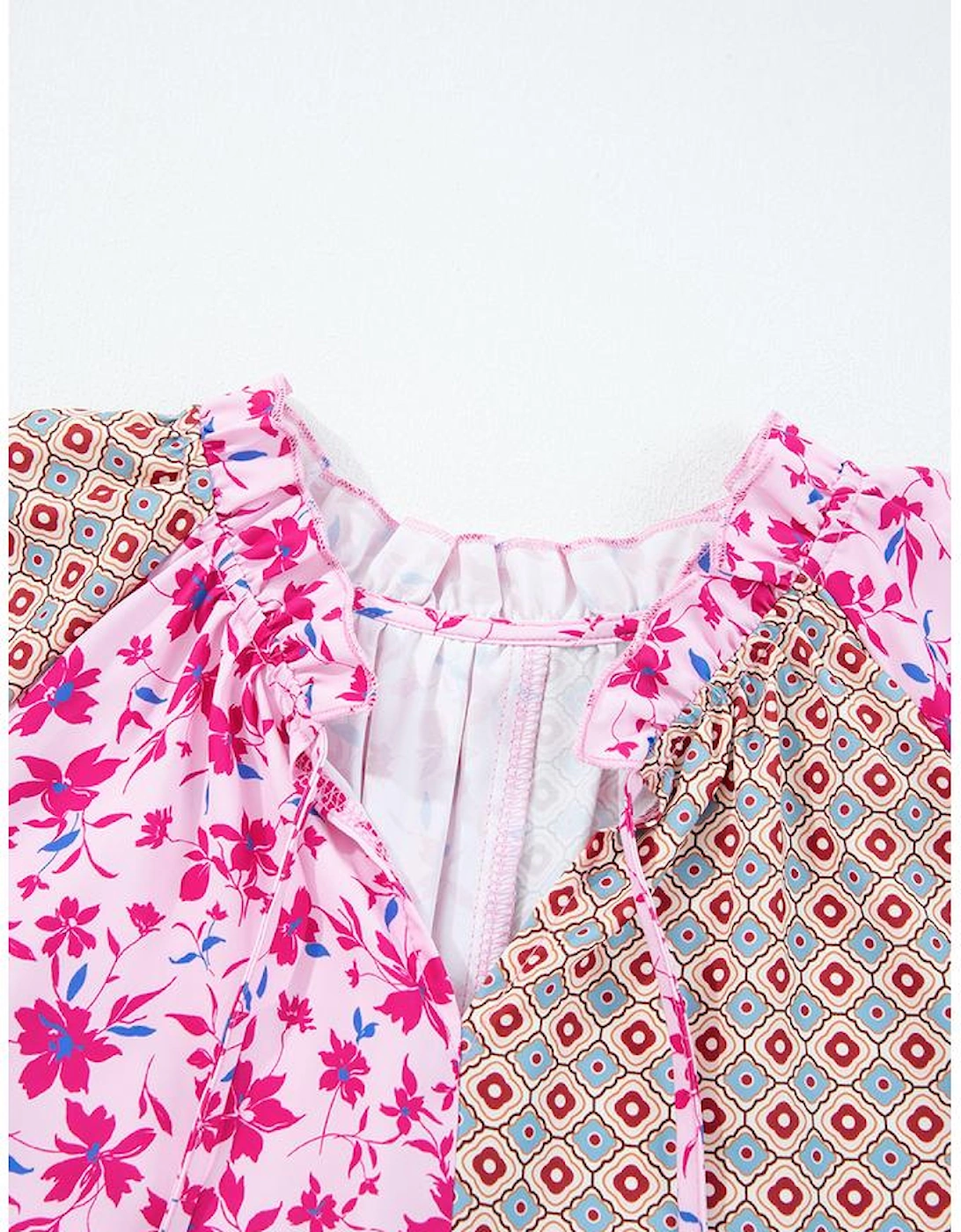 Pink Boho Mixed Floral Drop Shoulder Bubble Sleeve Blouse