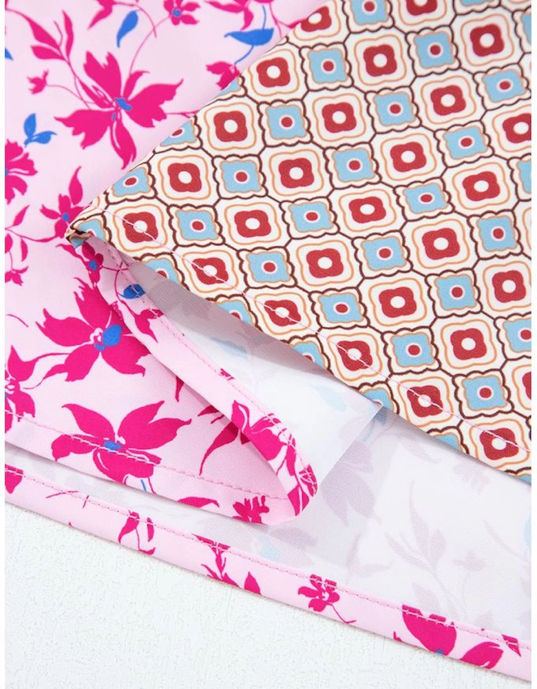 Pink Boho Mixed Floral Drop Shoulder Bubble Sleeve Blouse