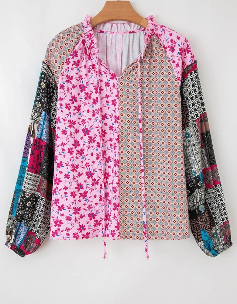 Pink Boho Mixed Floral Drop Shoulder Bubble Sleeve Blouse