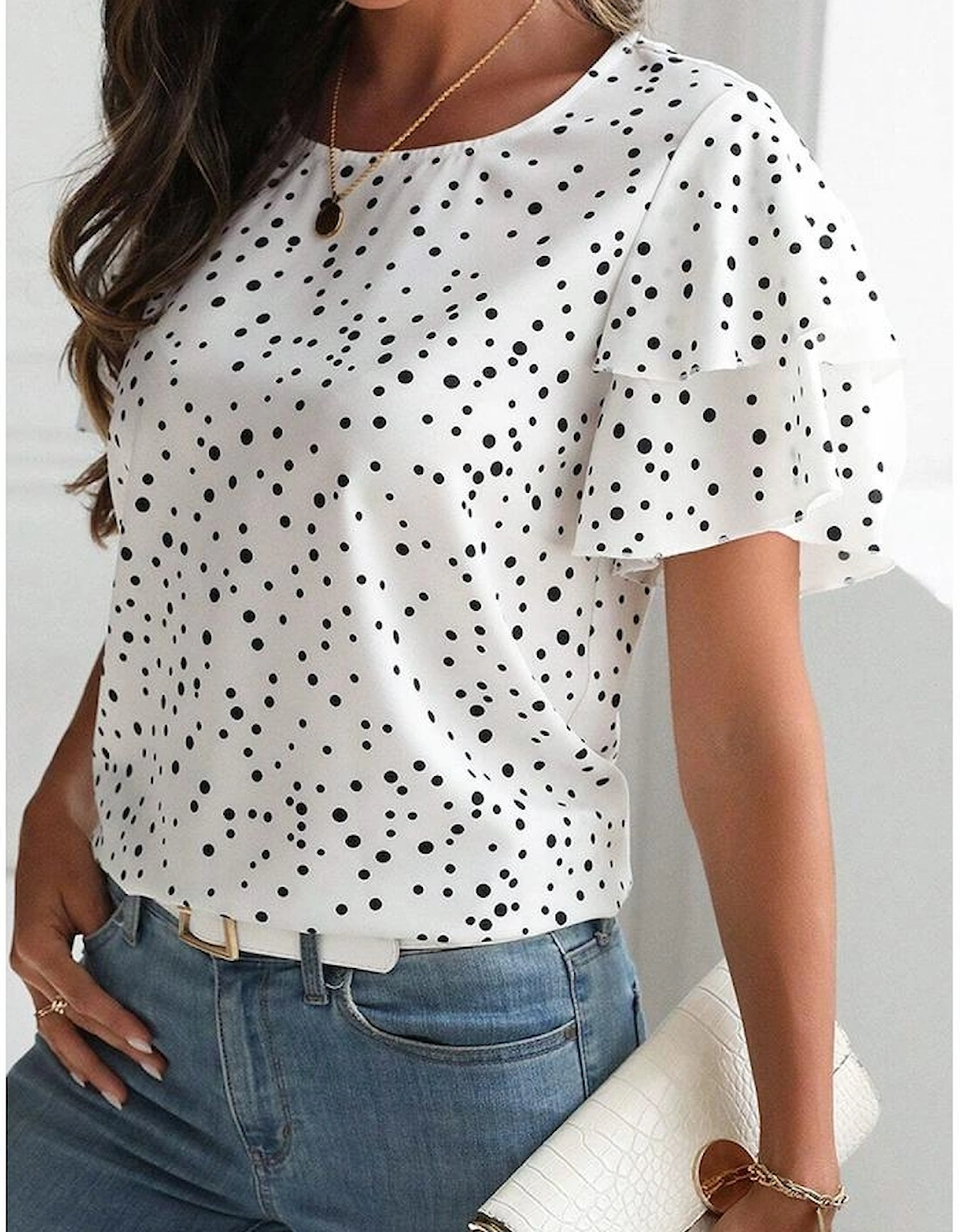 White Dalmatian Print Layered Ruffled Short Sleeve Blouse