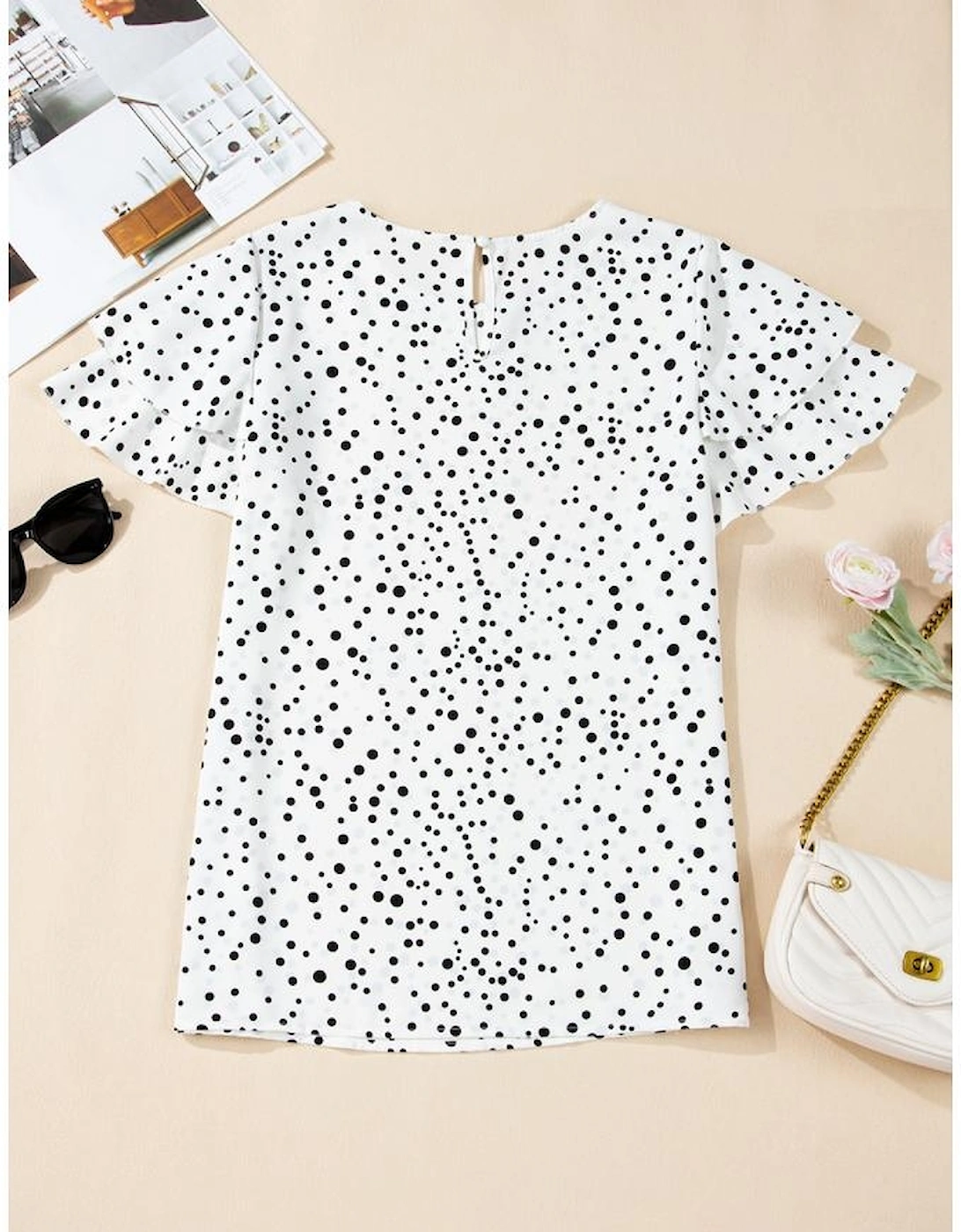 White Dalmatian Print Layered Ruffled Short Sleeve Blouse