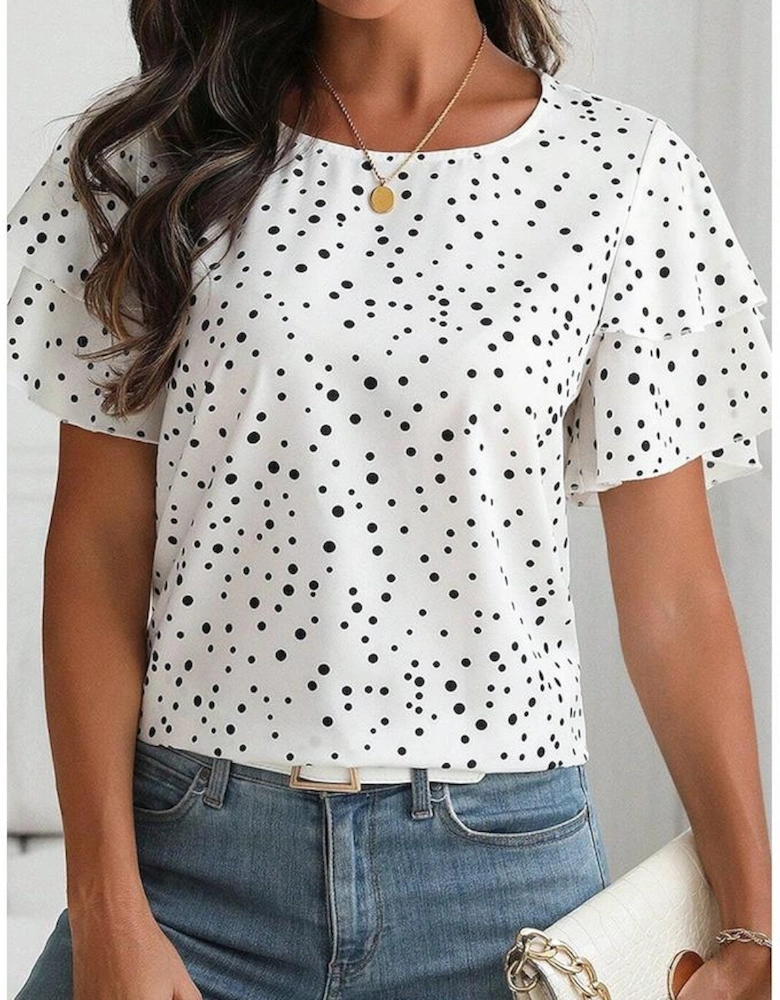 White Dalmatian Print Layered Ruffled Short Sleeve Blouse