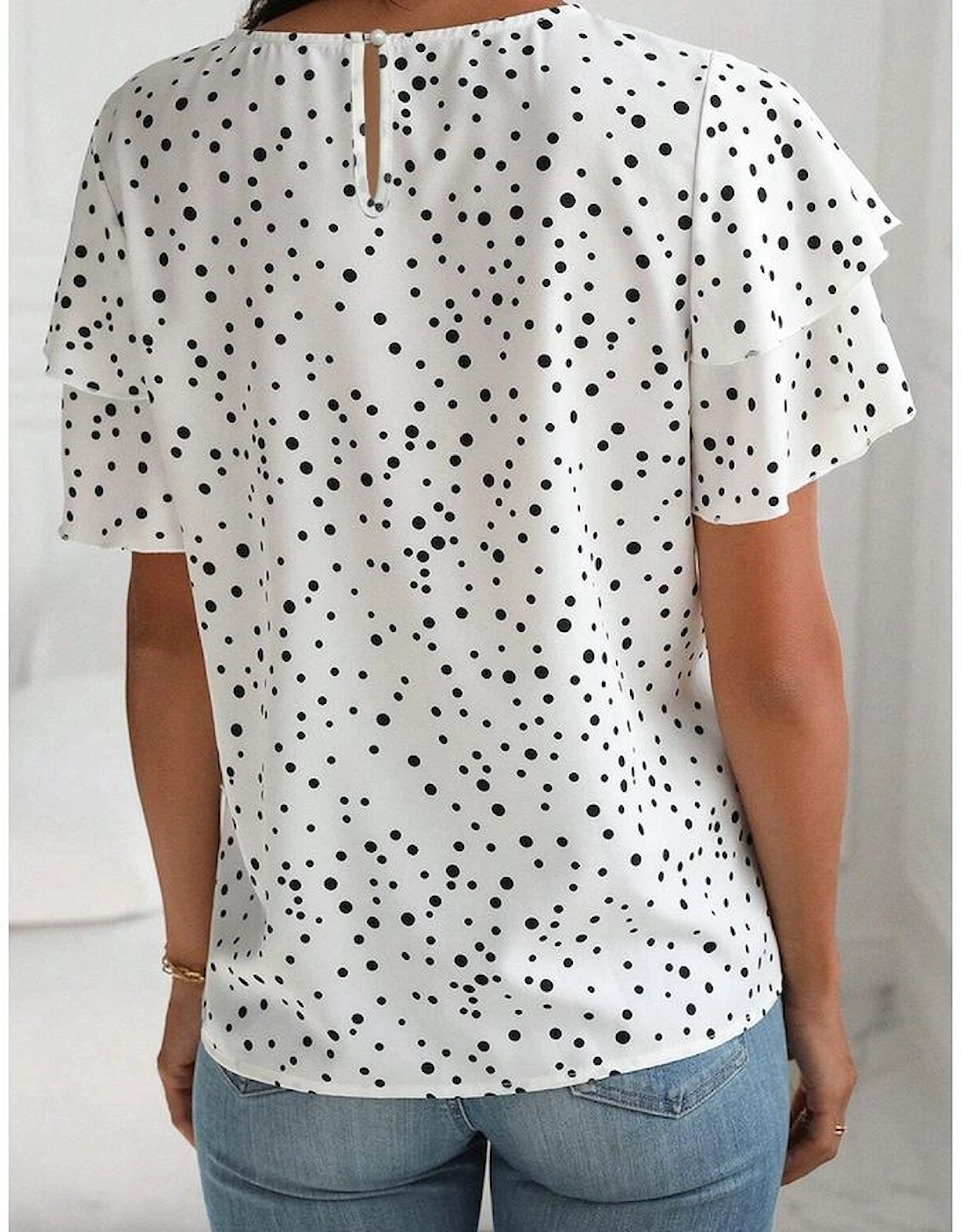 White Dalmatian Print Layered Ruffled Short Sleeve Blouse, 14 of 13