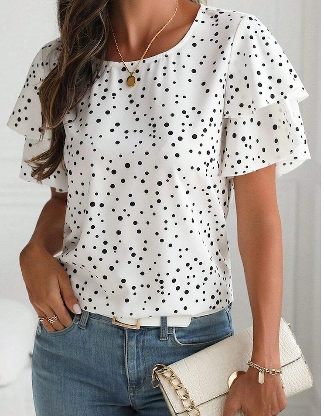 White Dalmatian Print Layered Ruffled Short Sleeve Blouse