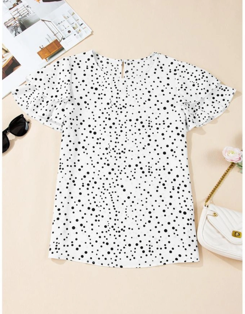 White Dalmatian Print Layered Ruffled Short Sleeve Blouse