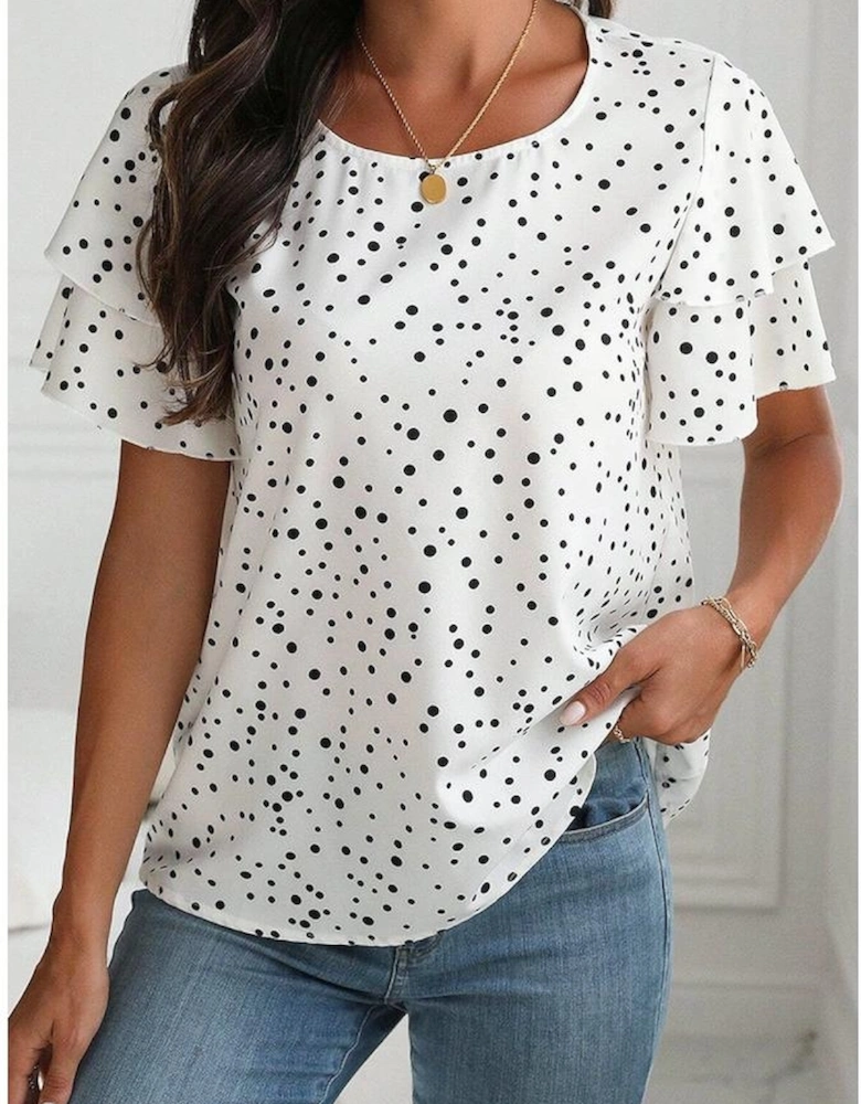 White Dalmatian Print Layered Ruffled Short Sleeve Blouse