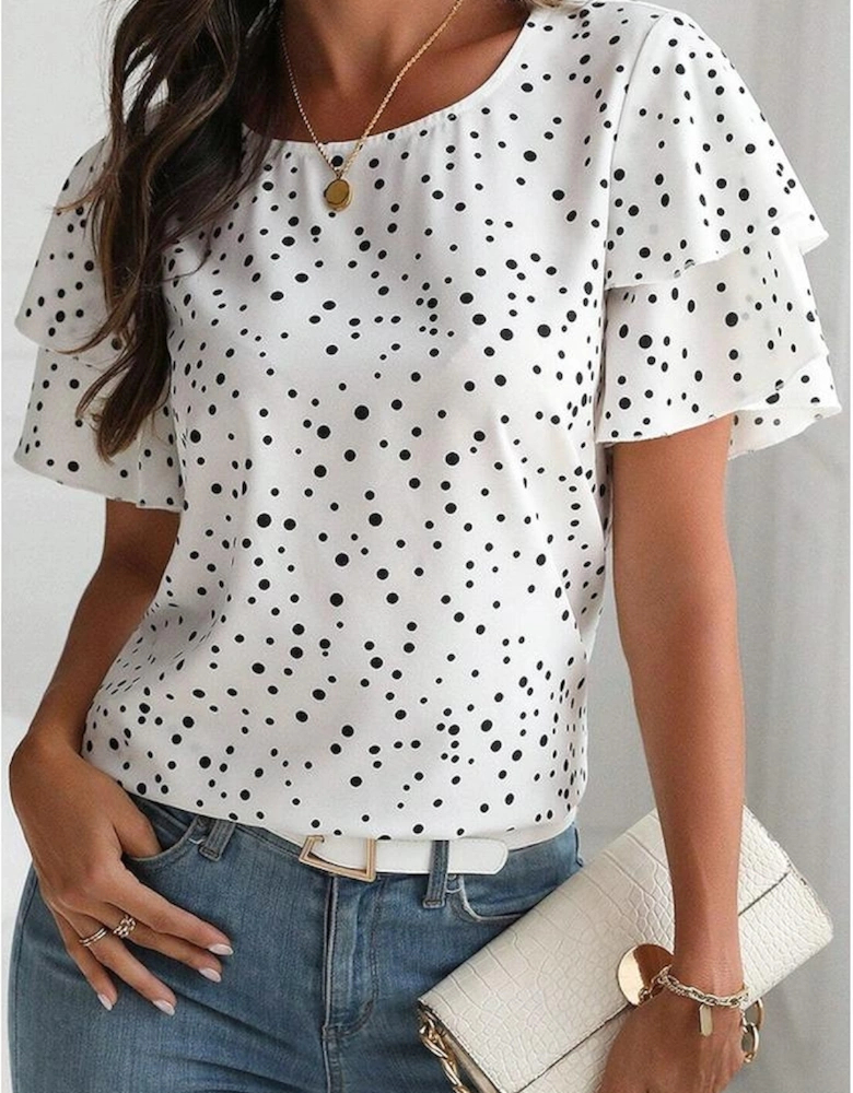 White Dalmatian Print Layered Ruffled Short Sleeve Blouse