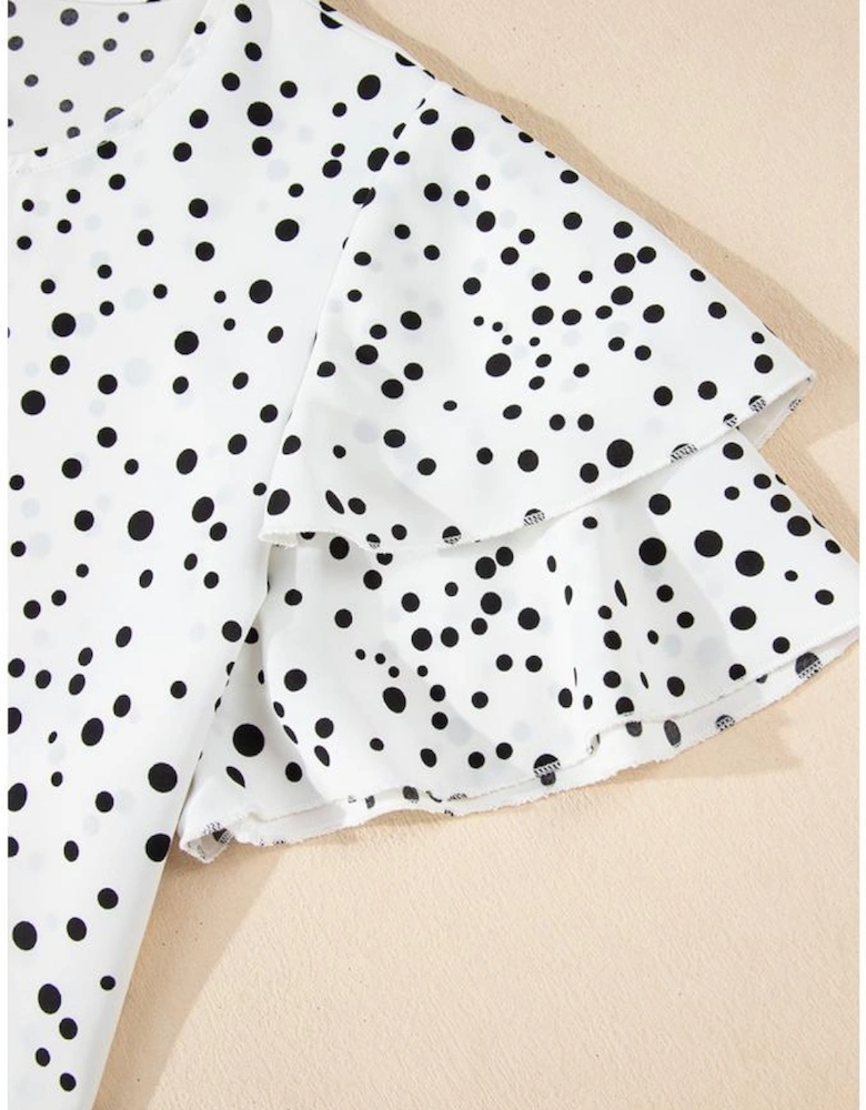 White Dalmatian Print Layered Ruffled Short Sleeve Blouse
