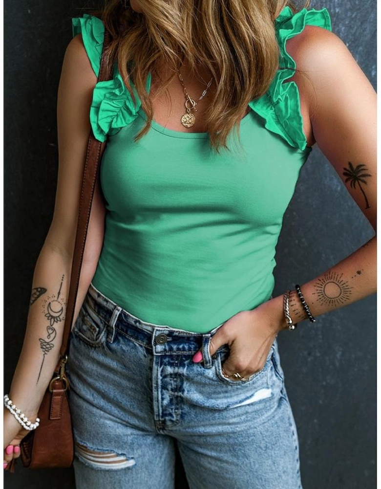 Mint Green Ruffled Wide Straps Slim Tank Top