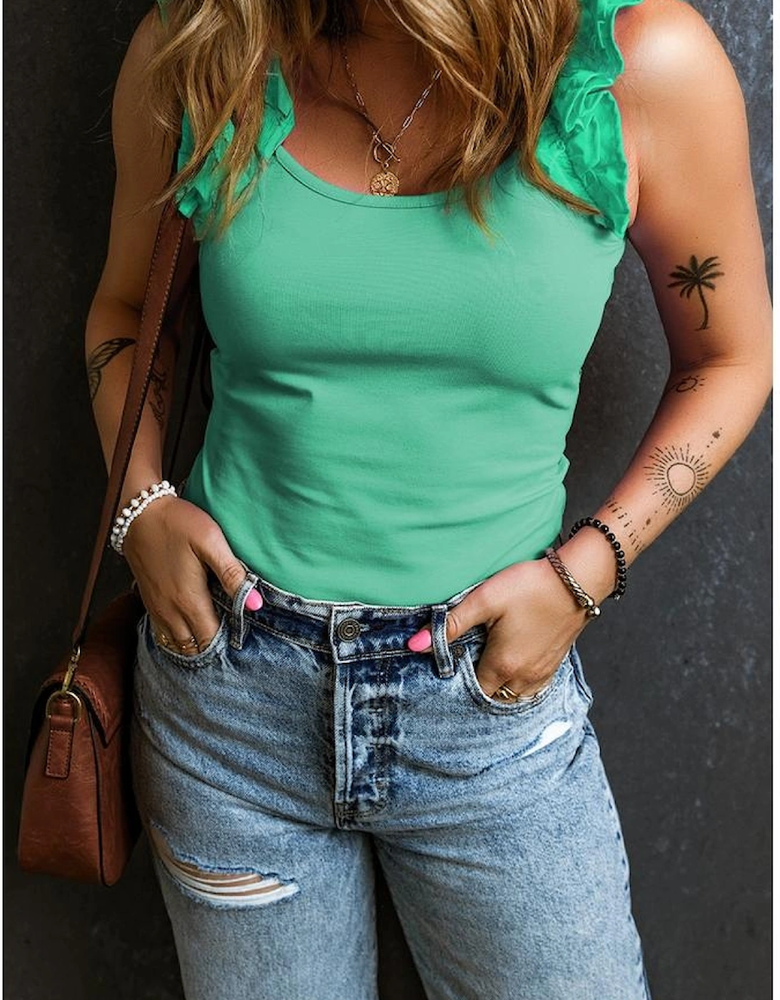 Mint Green Ruffled Wide Straps Slim Tank Top, 10 of 9