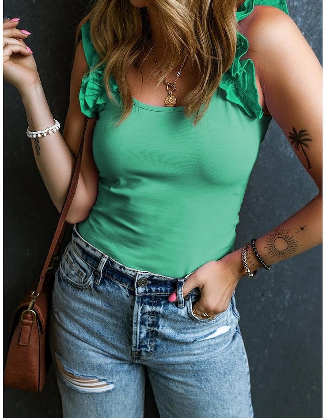 Mint Green Ruffled Wide Straps Slim Tank Top