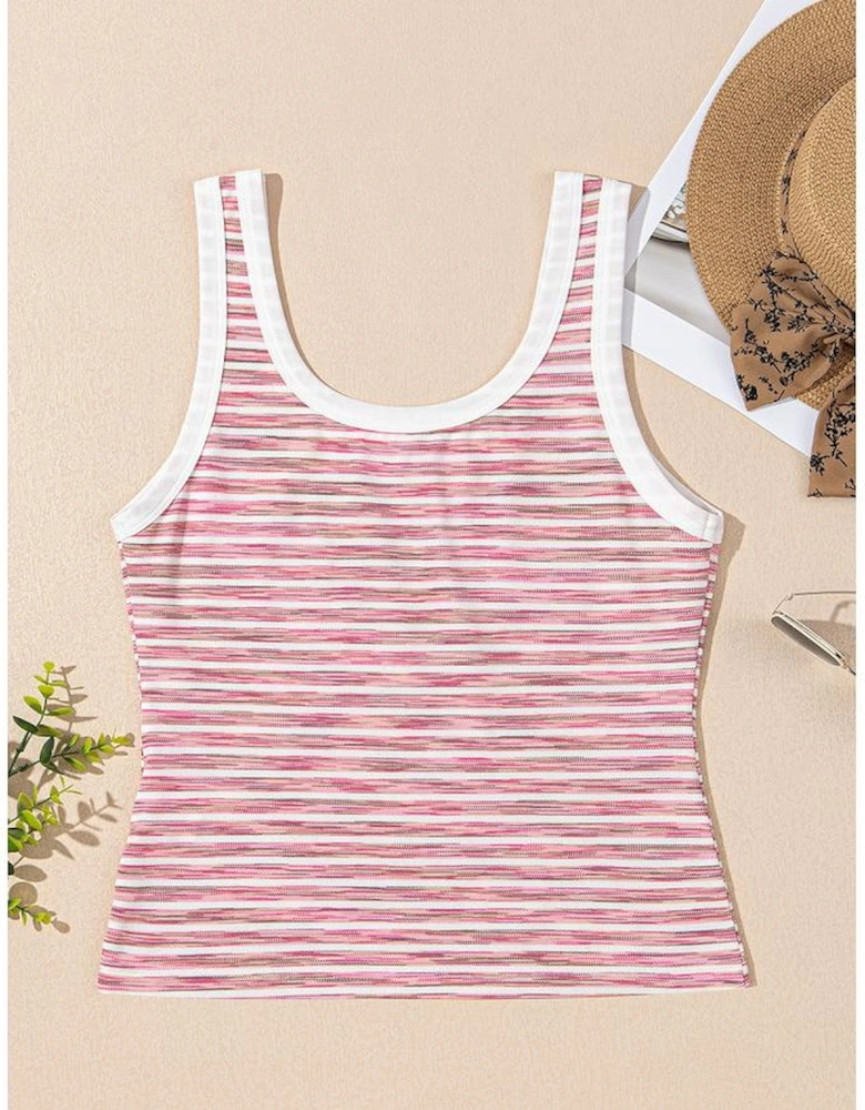 Pink Stripe Contrast Trim Yarn-dyeing Knit Tank Top