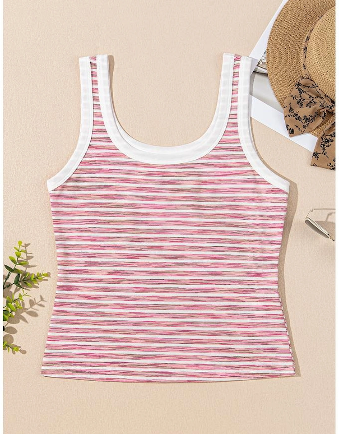 Pink Stripe Contrast Trim Yarn-dyeing Knit Tank Top