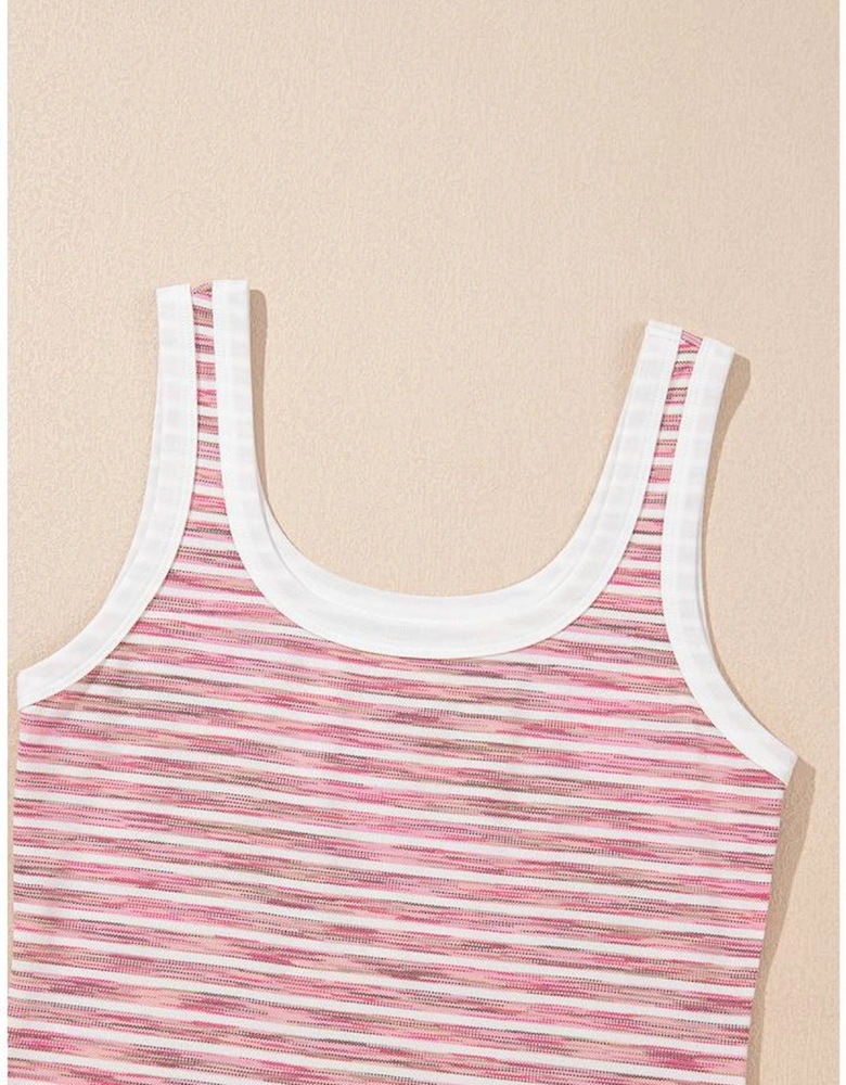 Pink Stripe Contrast Trim Yarn-dyeing Knit Tank Top
