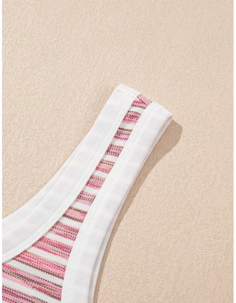 Pink Stripe Contrast Trim Yarn-dyeing Knit Tank Top