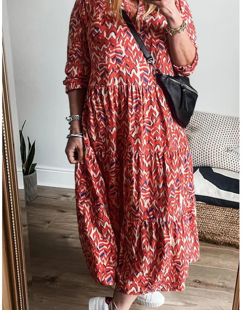 Red Plus Size Abstract Print Notch V Neck High Waist Maxi Dress