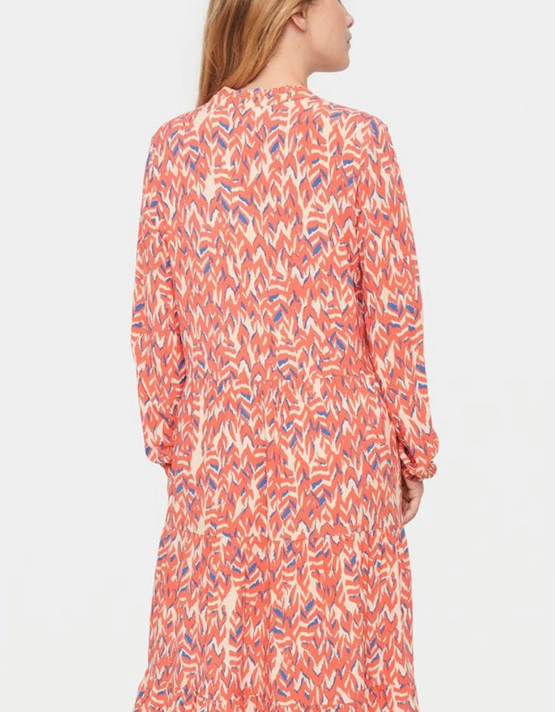 Red Plus Size Abstract Print Notch V Neck High Waist Maxi Dress