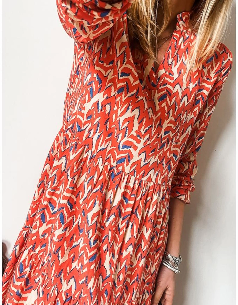 Red Plus Size Abstract Print Notch V Neck High Waist Maxi Dress