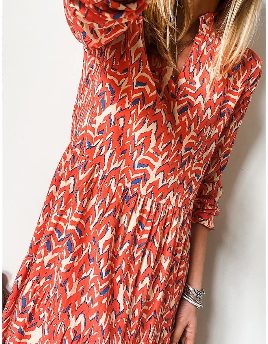 Red Plus Size Abstract Print Notch V Neck High Waist Maxi Dress, 11 of 10