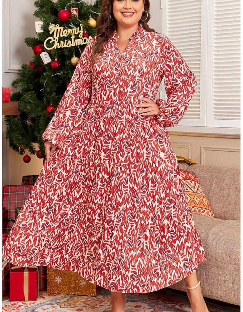 Red Plus Size Abstract Print Notch V Neck High Waist Maxi Dress