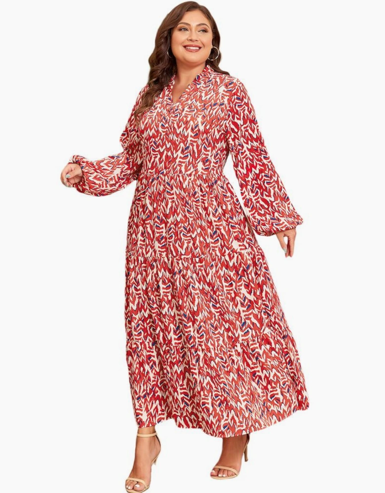 Red Plus Size Abstract Print Notch V Neck High Waist Maxi Dress