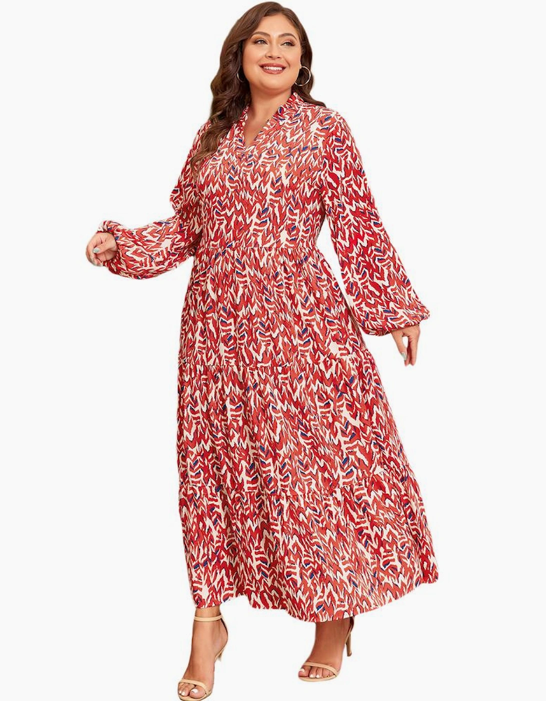 Red Plus Size Abstract Print Notch V Neck High Waist Maxi Dress