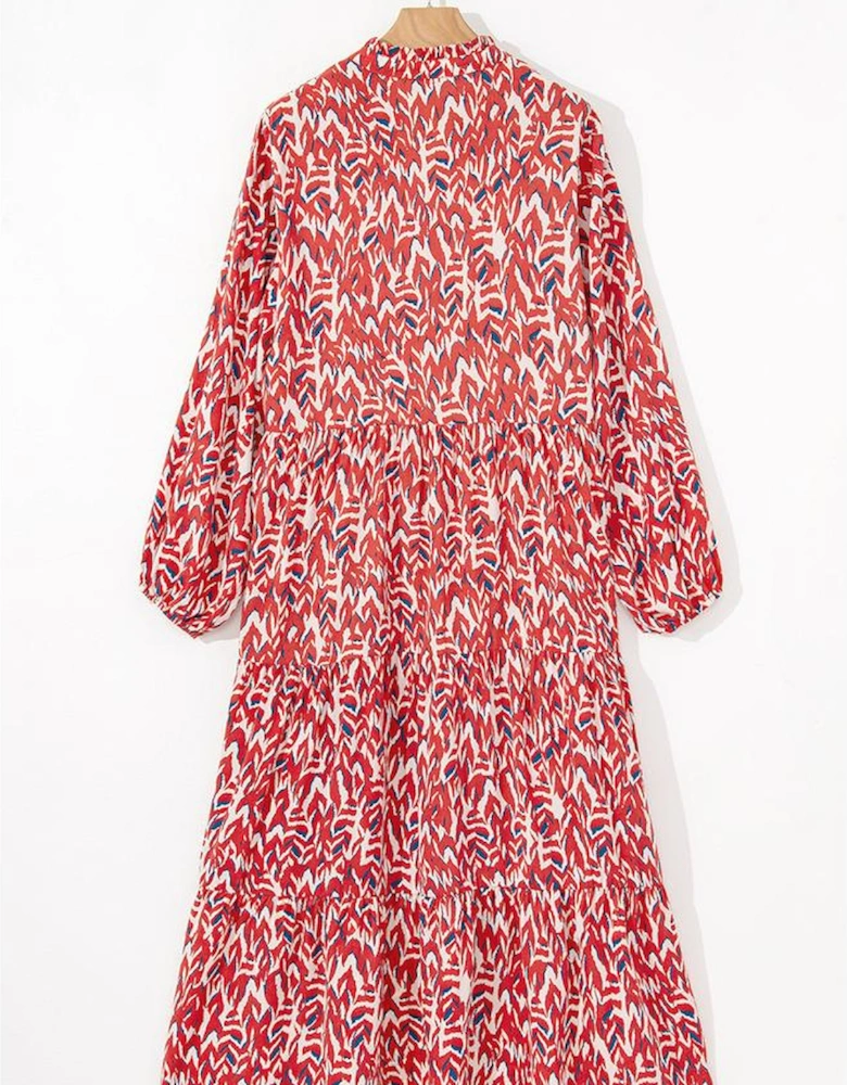 Red Plus Size Abstract Print Notch V Neck High Waist Maxi Dress