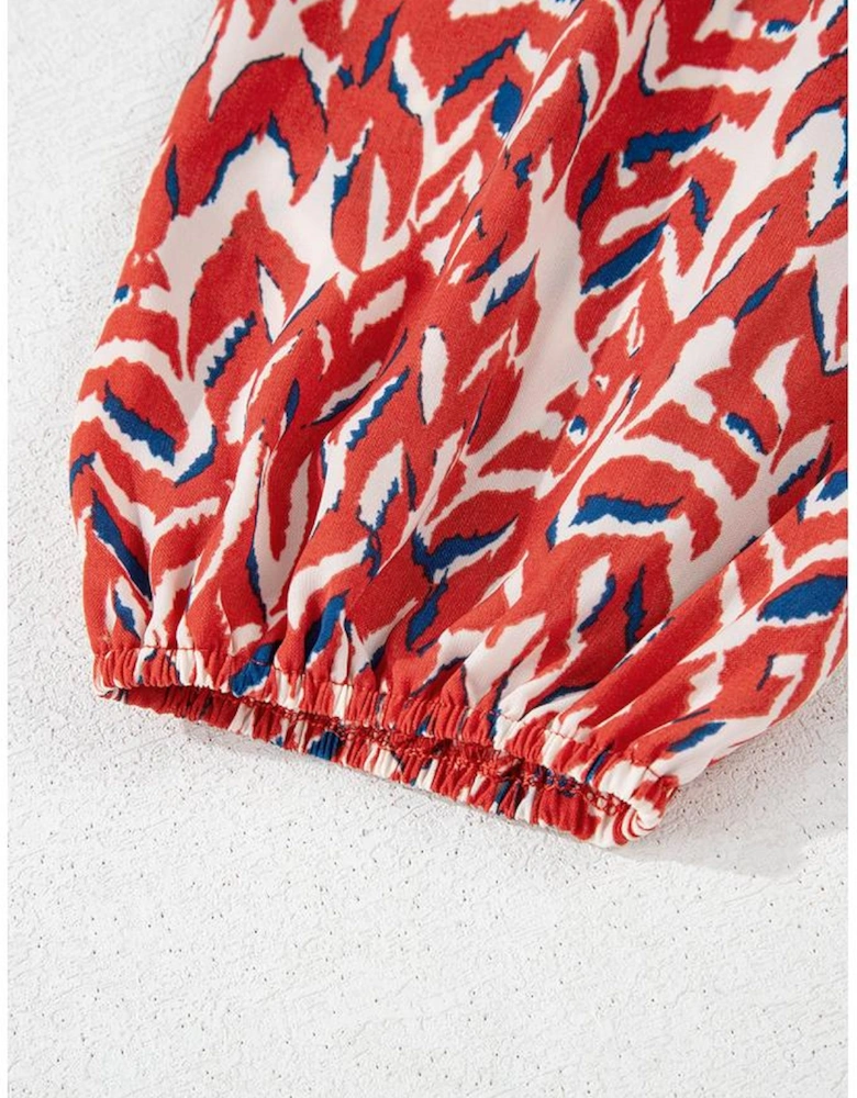 Red Plus Size Abstract Print Notch V Neck High Waist Maxi Dress