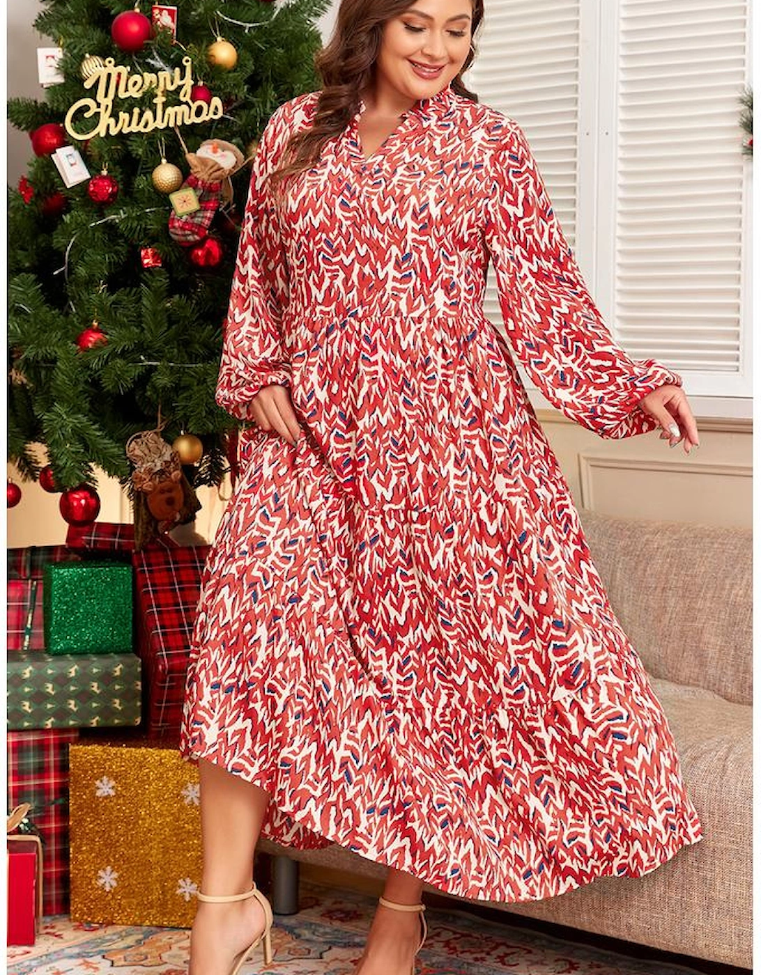Red Plus Size Abstract Print Notch V Neck High Waist Maxi Dress