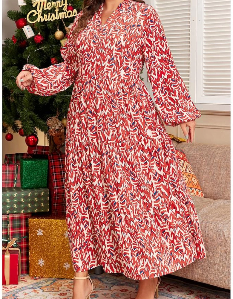 Red Plus Size Abstract Print Notch V Neck High Waist Maxi Dress