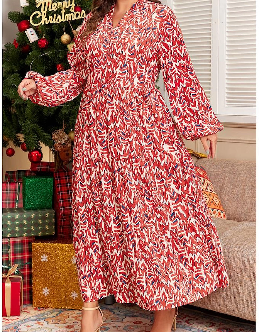 Red Plus Size Abstract Print Notch V Neck High Waist Maxi Dress