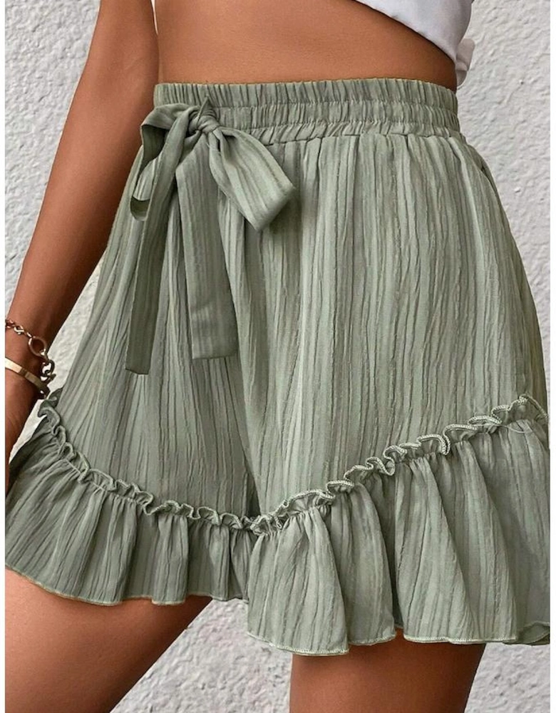 Laurel Green Textured Tie Waist Ruffle Hem Shorts