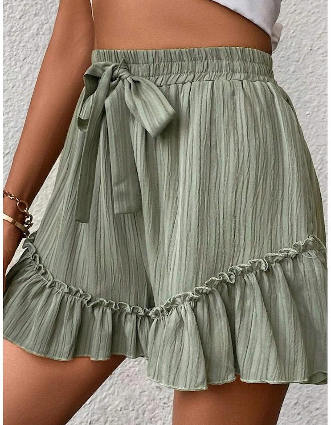 Laurel Green Textured Tie Waist Ruffle Hem Shorts