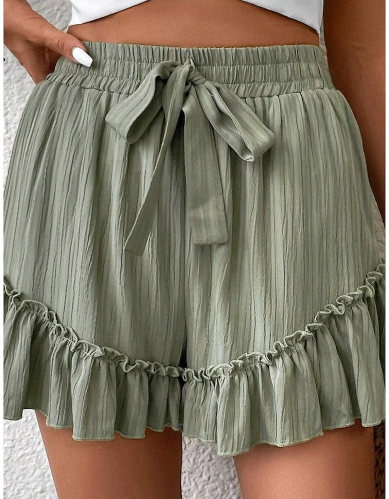 Laurel Green Textured Tie Waist Ruffle Hem Shorts