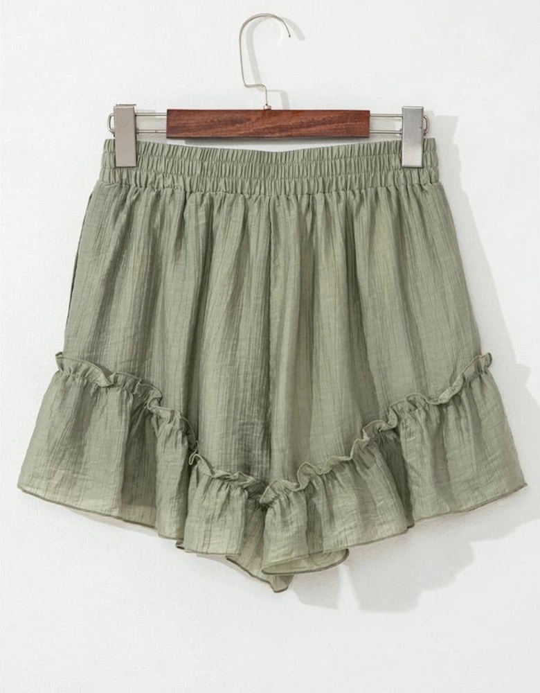 Laurel Green Textured Tie Waist Ruffle Hem Shorts