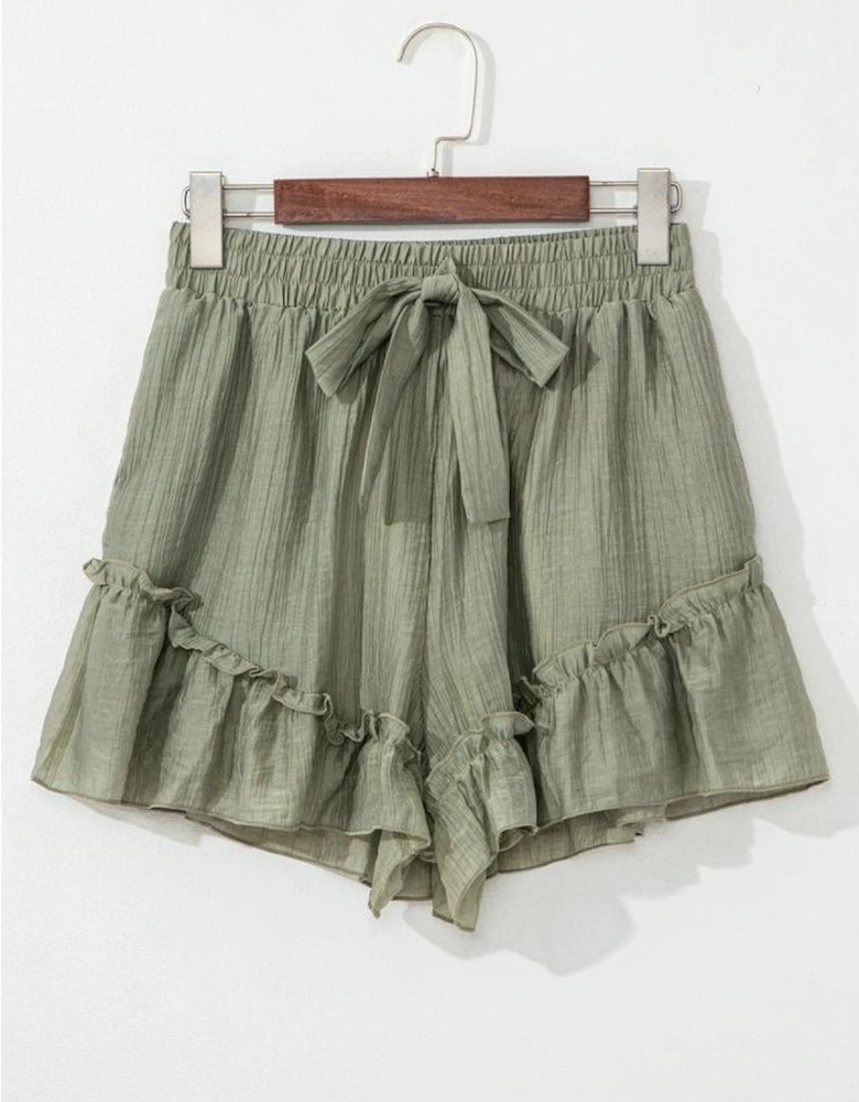 Laurel Green Textured Tie Waist Ruffle Hem Shorts