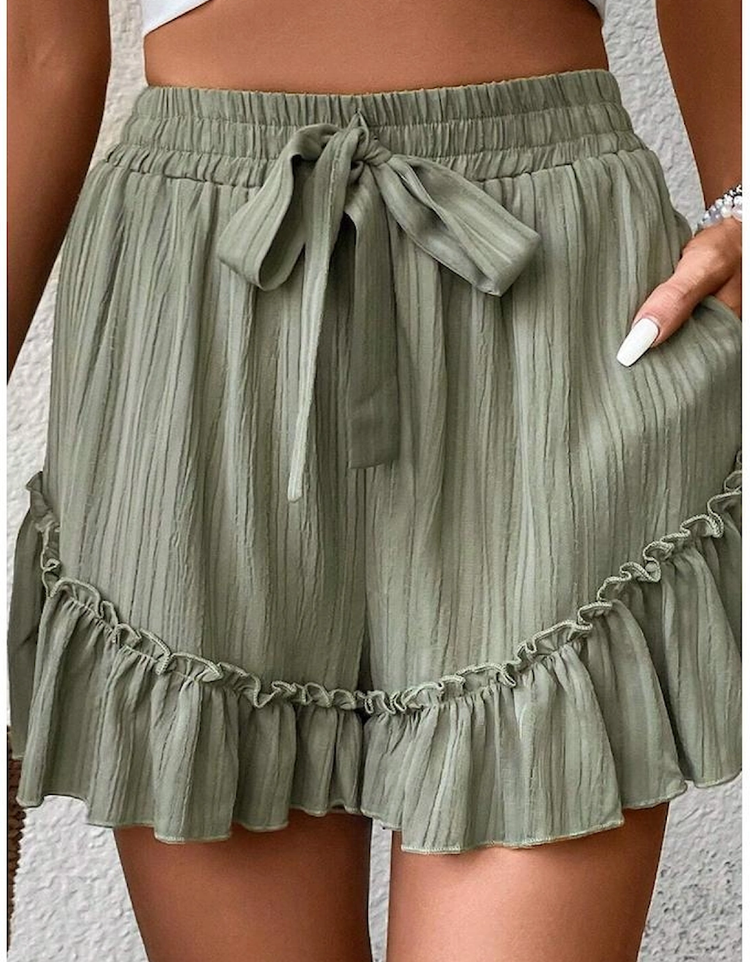 Laurel Green Textured Tie Waist Ruffle Hem Shorts