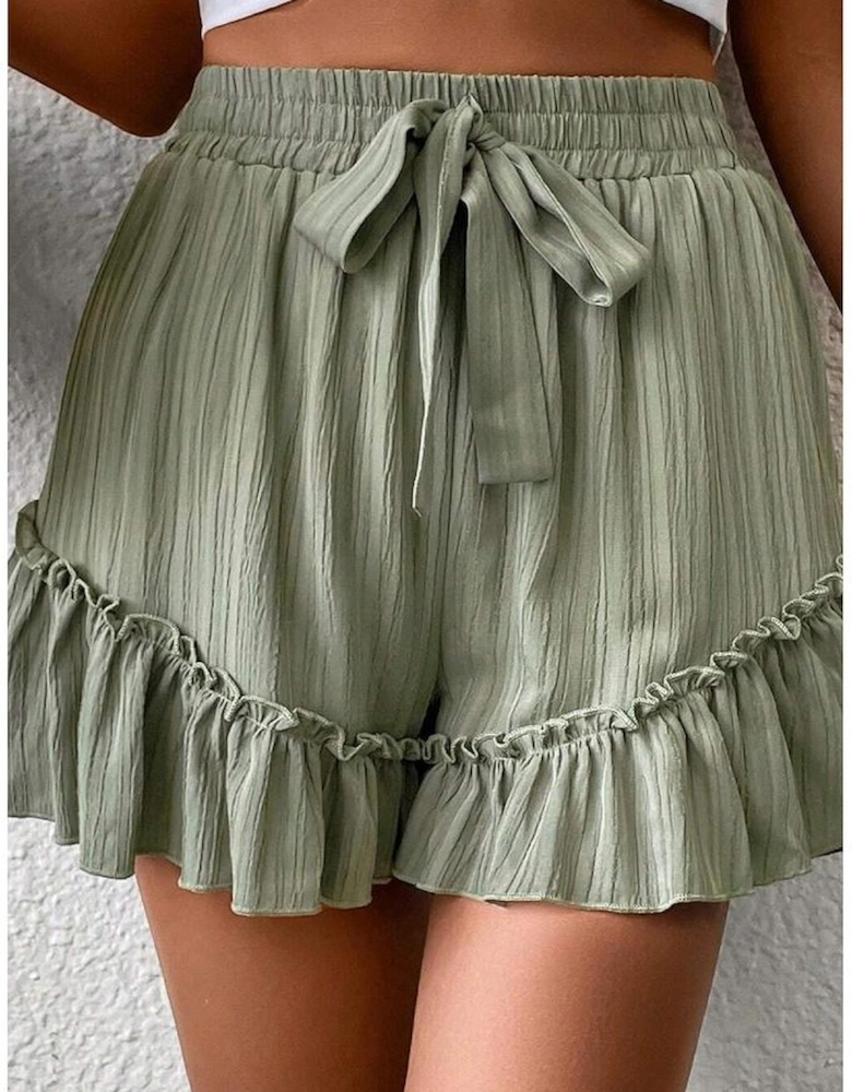 Laurel Green Textured Tie Waist Ruffle Hem Shorts