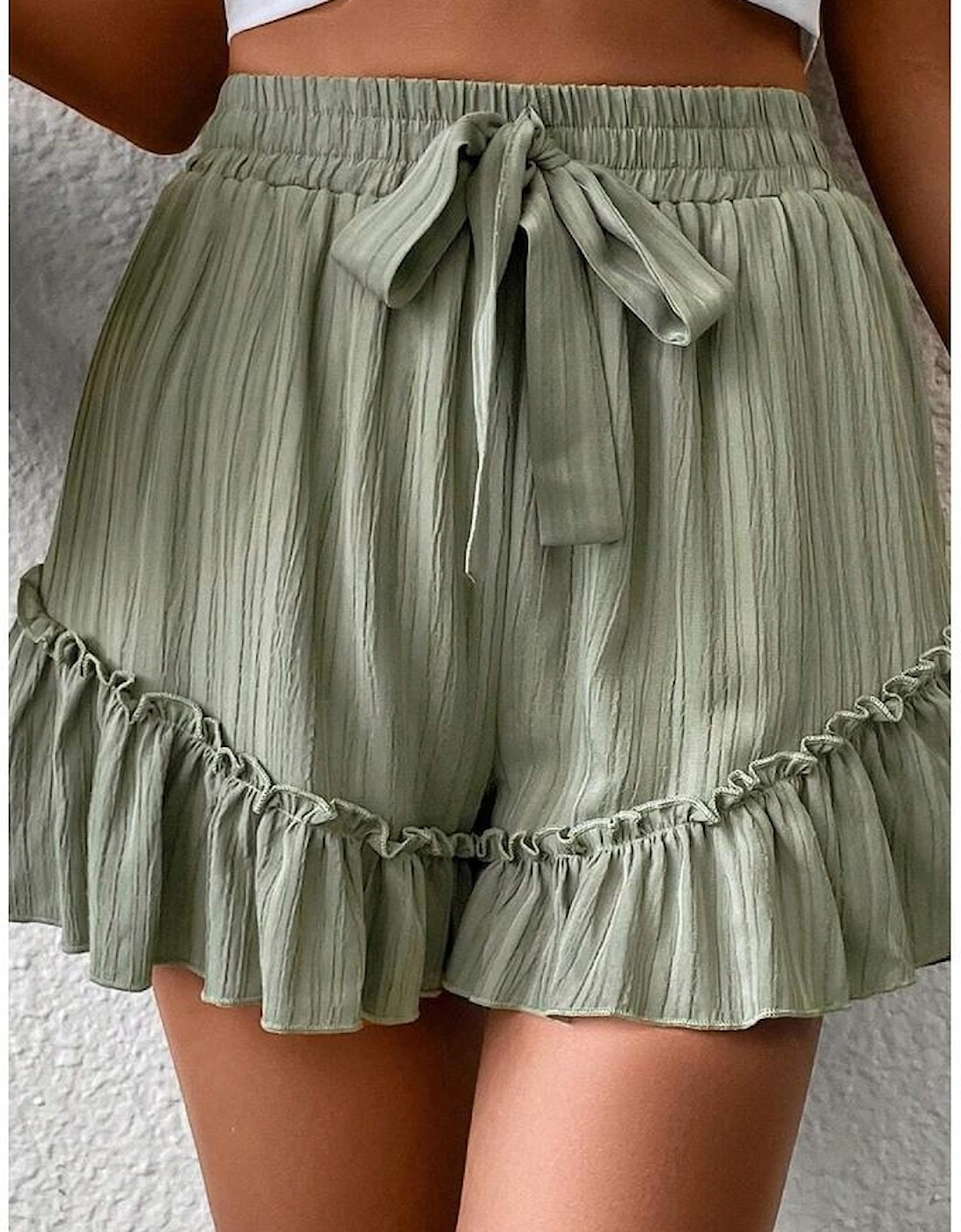 Laurel Green Textured Tie Waist Ruffle Hem Shorts