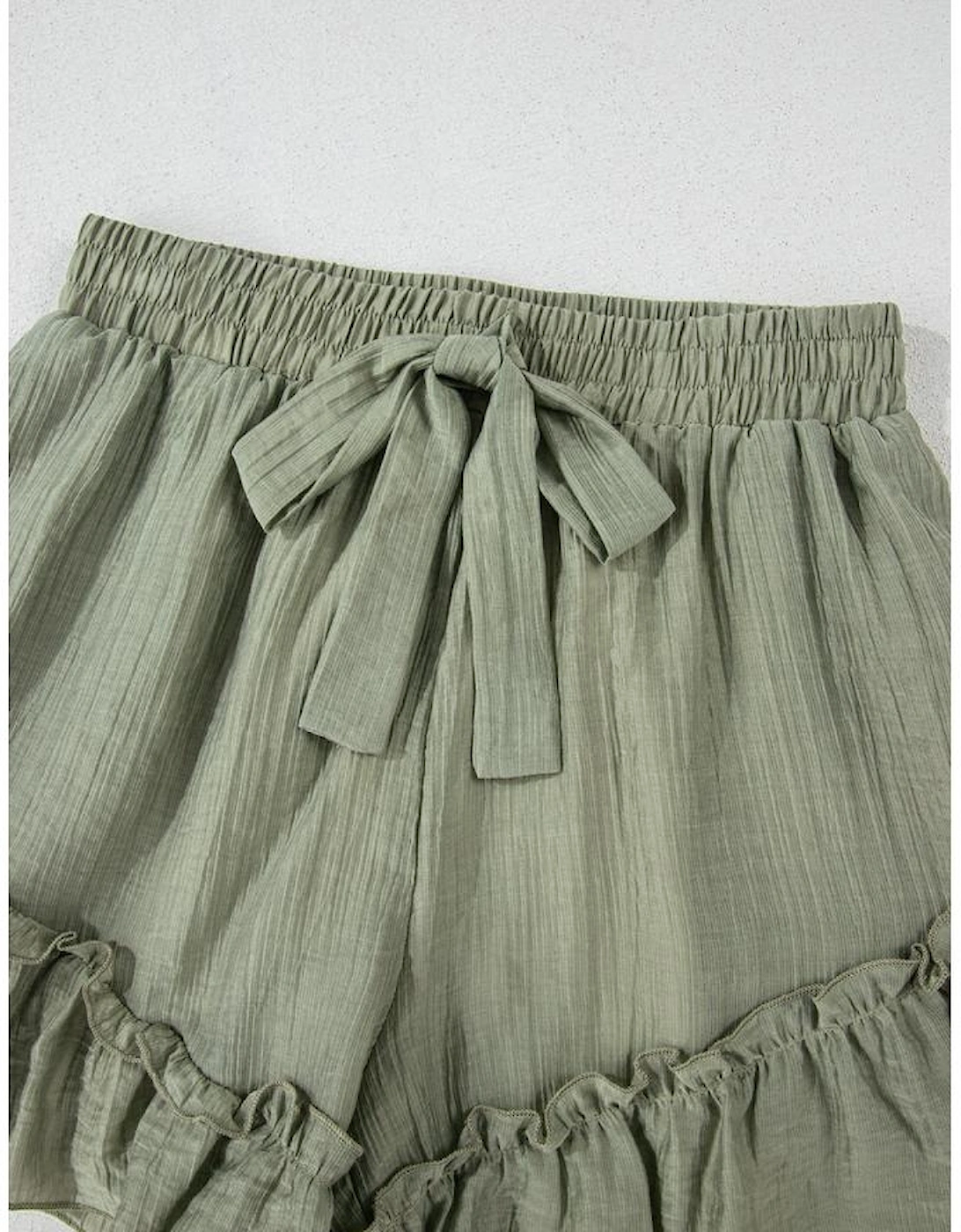 Laurel Green Textured Tie Waist Ruffle Hem Shorts