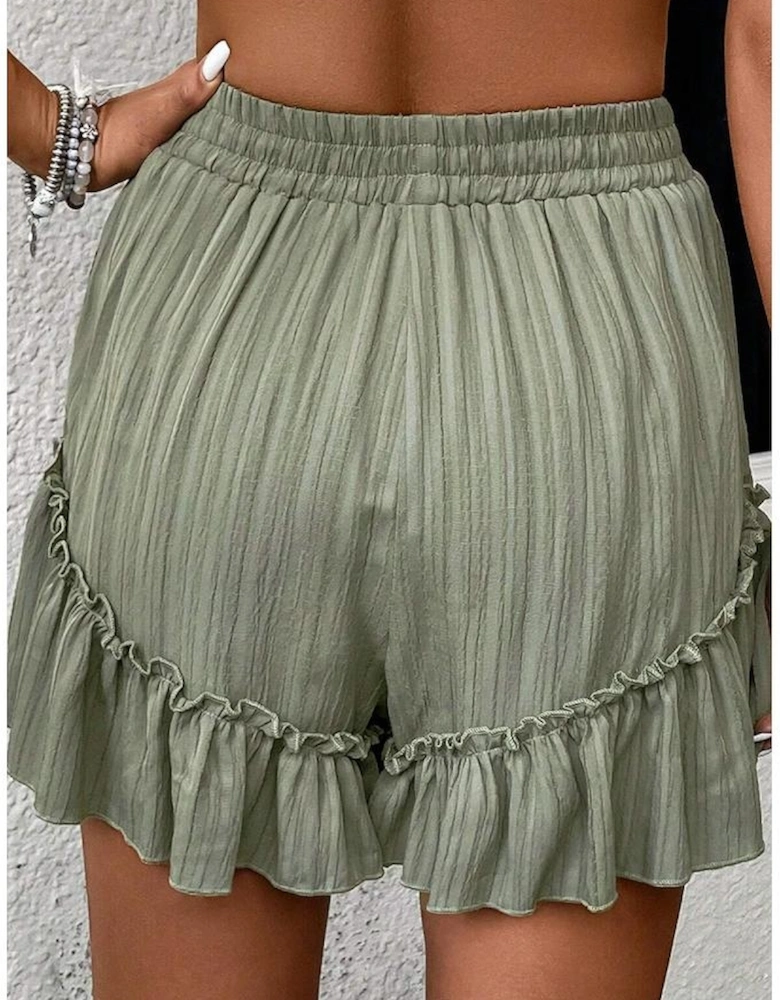 Laurel Green Textured Tie Waist Ruffle Hem Shorts